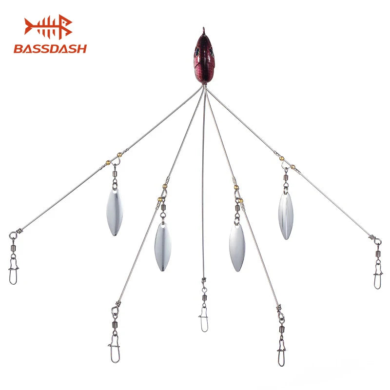 Bassdash Umbrella Fishing lure Rig 5 Arms Alabama Rig Head Swimming Bait Bass Fishing Group Lure Snap Swivel Spinner , 18g
