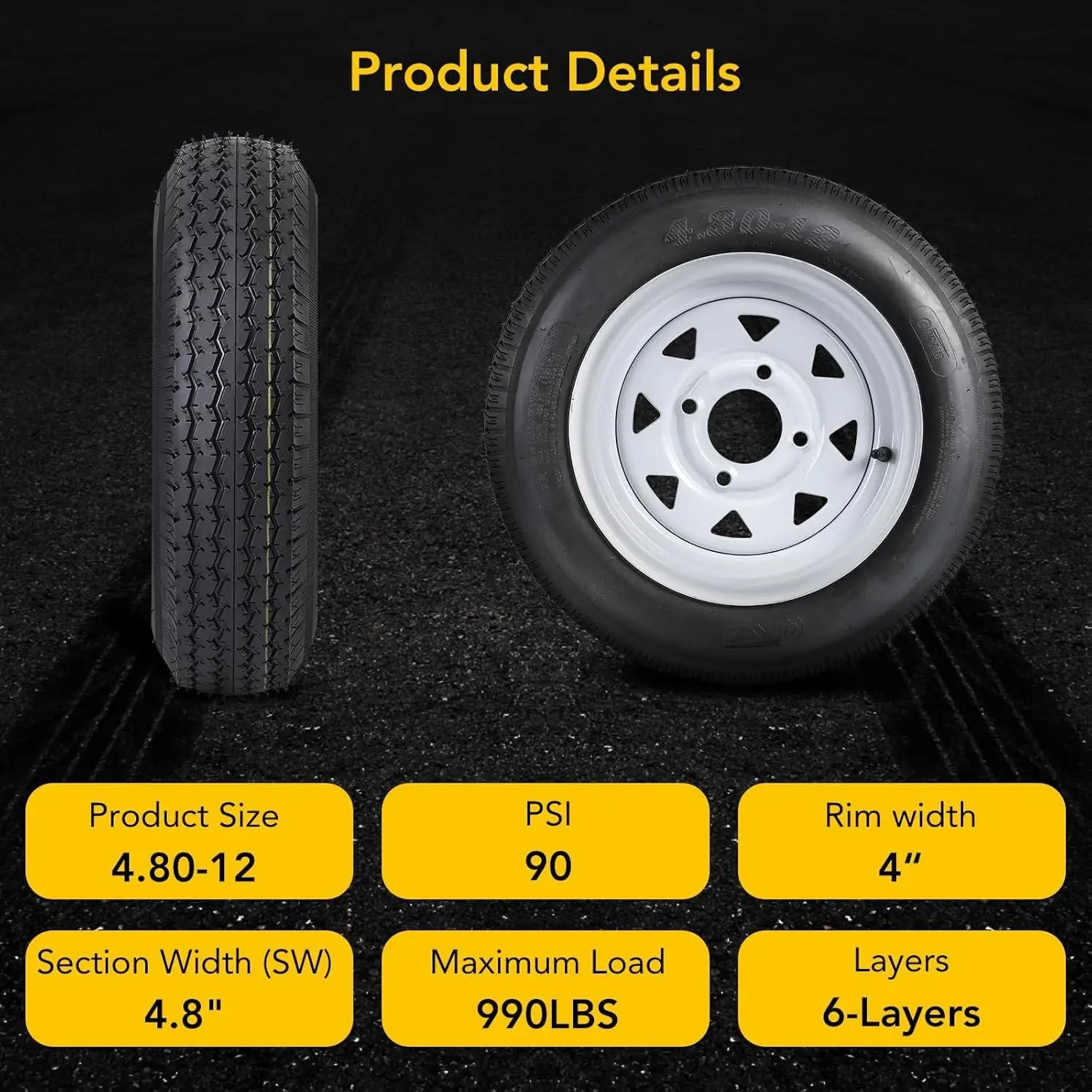 2-Pack 4.80-12 Trailer Tires On Rims Load Range C 6-PLY 12" White Spoke Wheels 4 Lug 4" Bolt Pattern for Camper Boat Trailers