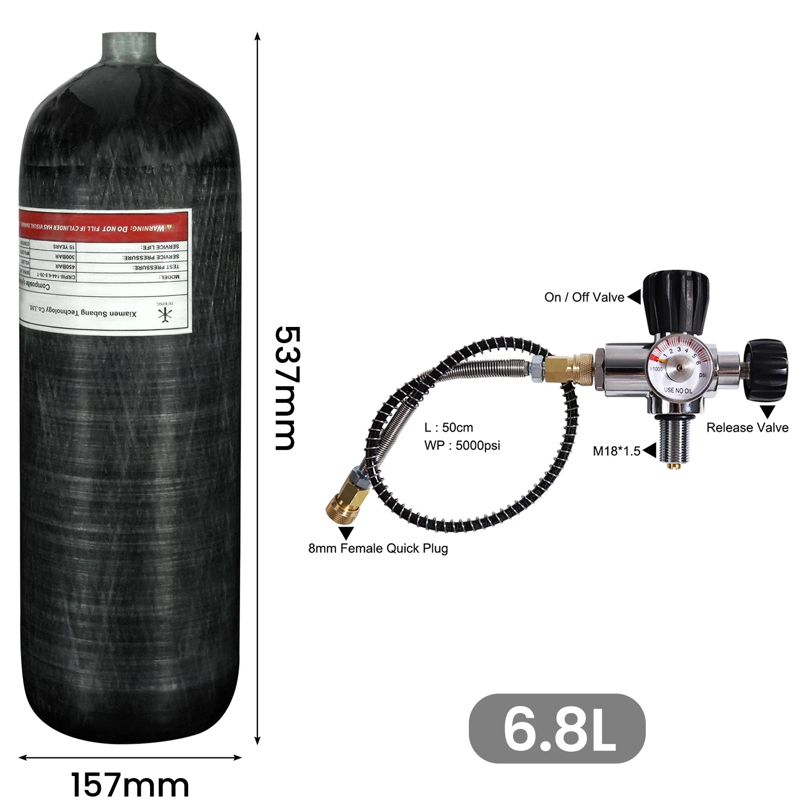 TUXING 4500Psi 300Bar 6.8L Carbon Fiber Cylinder High Pressure Air Tank HPA Fill Station Regulating Valve Scuba Diving M18*1.5 and airgun filling