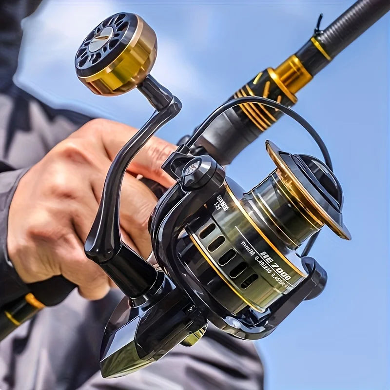 Spinning reels with metal spool and metal rocker arm, 5.2:1 gear ratio, suitable for both freshwater and saltwater fishing.