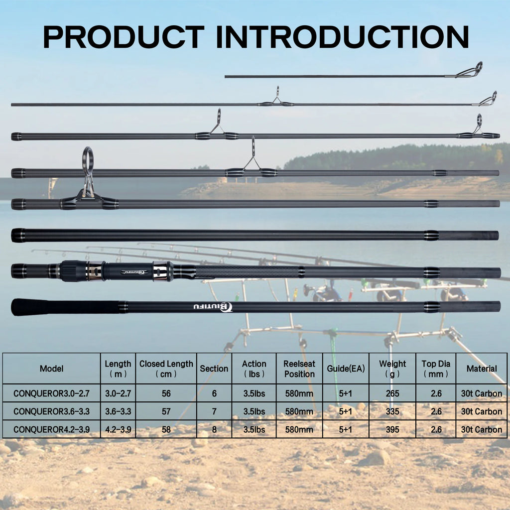 BIUTIFU 2Tips  Fishing Rod 3.5lb 7Sections 4.2/3.6/3.0m 30t Carbon Fiber  Throwing 60-150m Shore Casting Spinning Pole