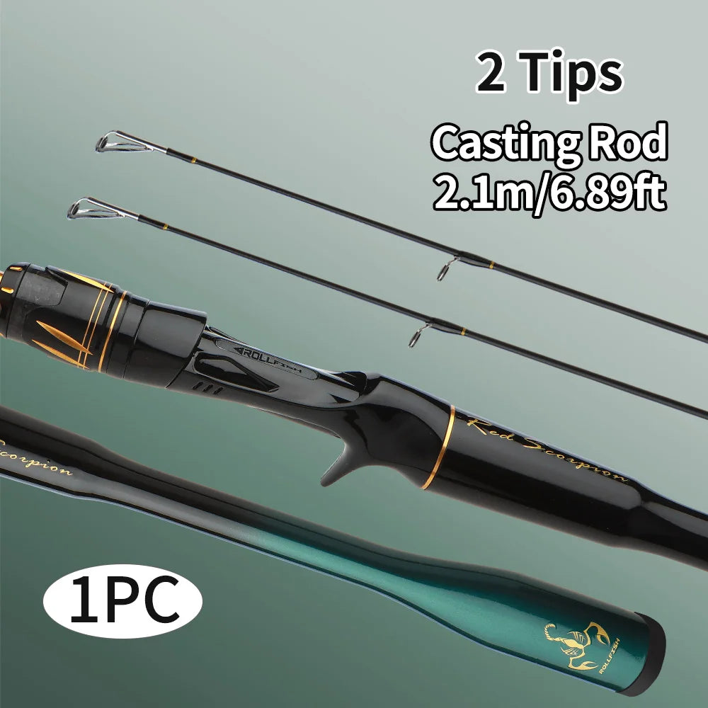 ROLLFISH 2 Tips M/MH Fishing Rod Carbon Fiber Casting & Spinning Rod for Freshwater & Saltwater, High Sensitivity Bass Rod