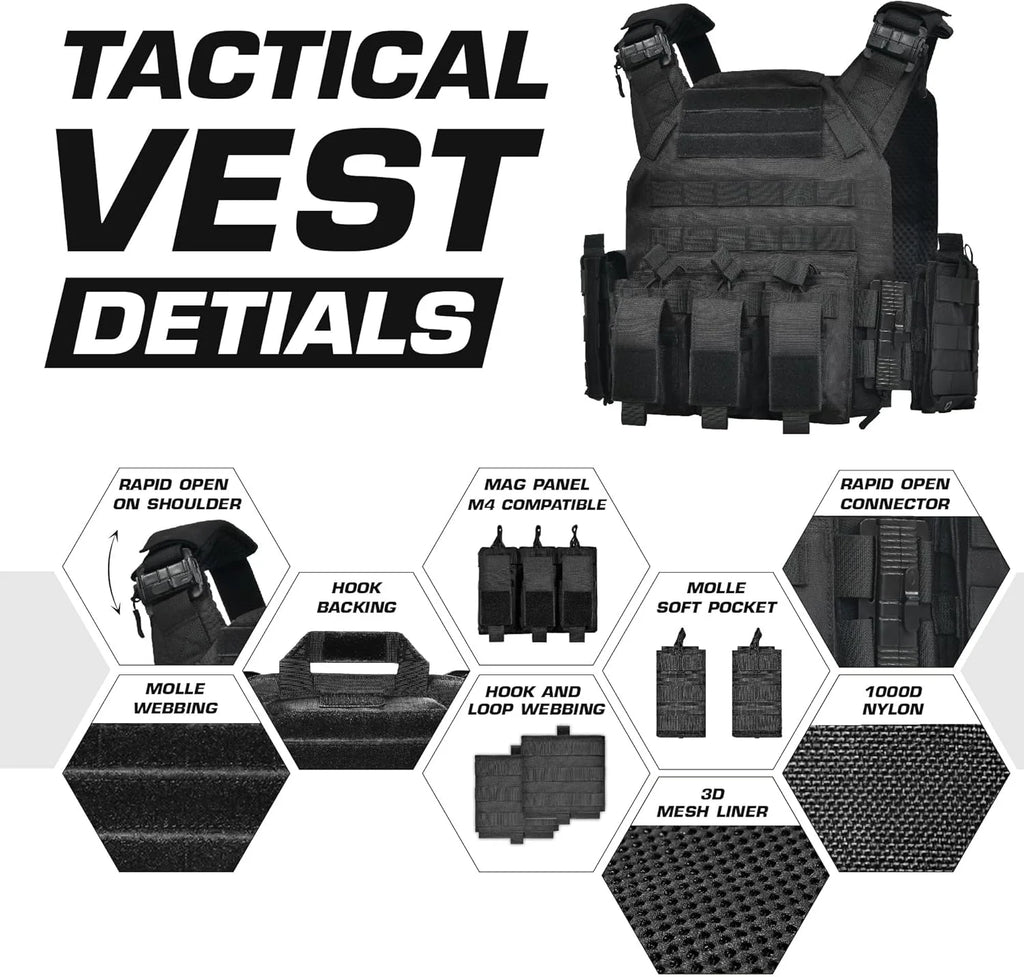 600D Nylon Quick Release Tactical Vest with Multi-Magazine Pouches, Outdoor Hunting Airsoft Plate Carrier