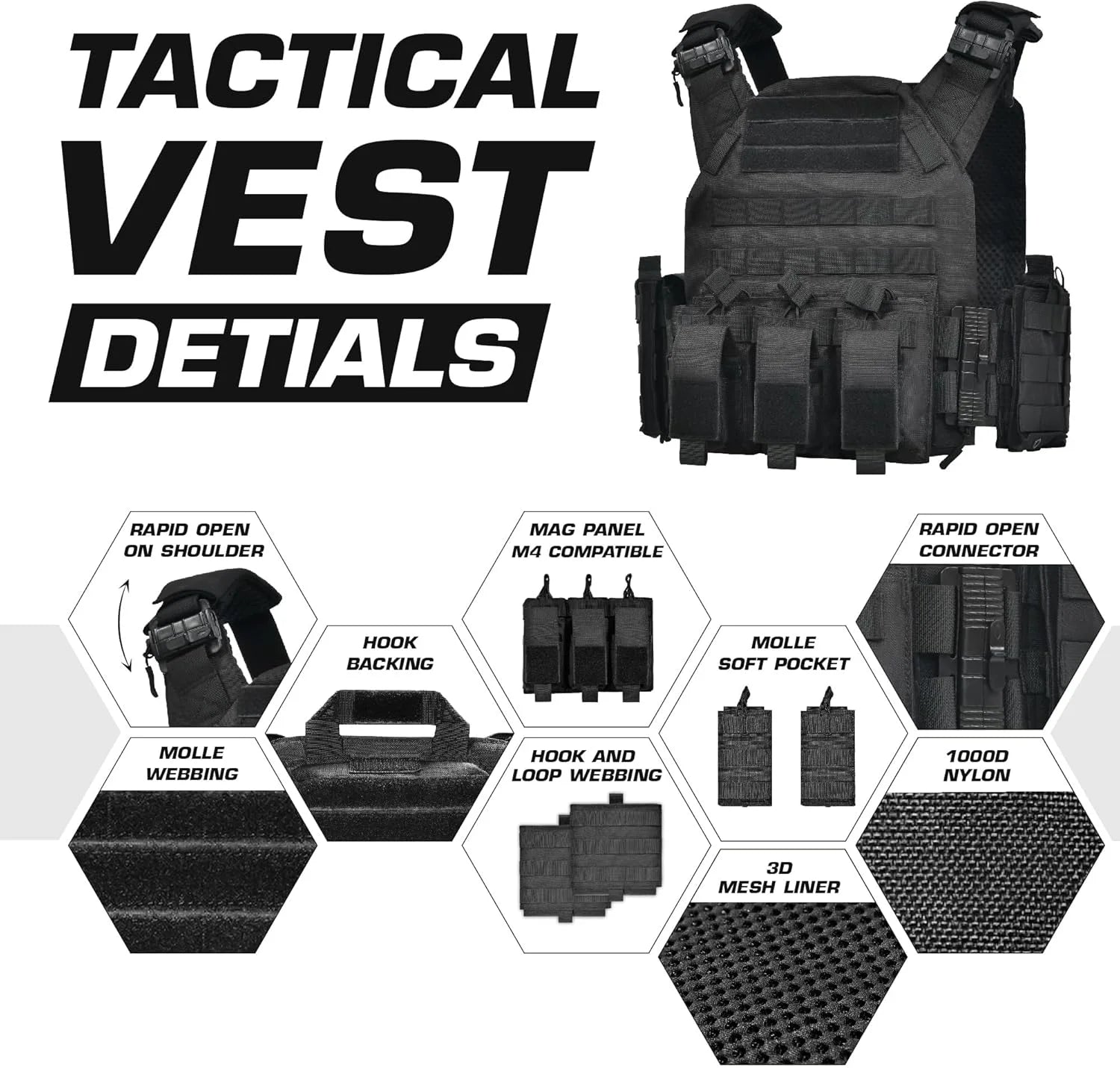 600D Nylon Quick Release Tactical Vest with Multi-Magazine Pouches, Outdoor Hunting Airsoft Plate Carrier