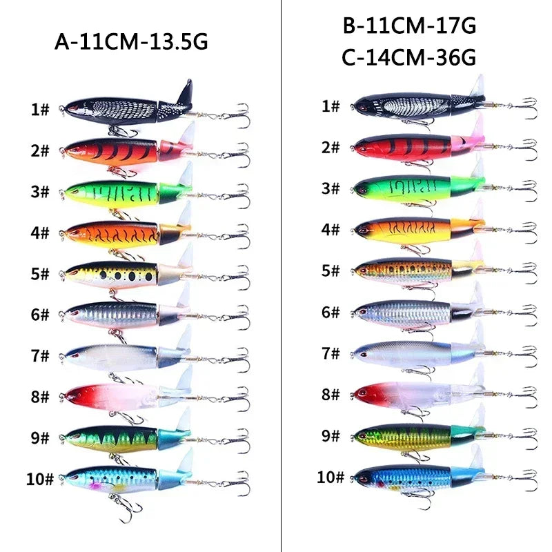 Popper Fishing Lure Set 11cm/14g Artificial Topwater Hard Bait Rotating Wobblers Tackle Fishing Bait Accessories 5/10Pcs