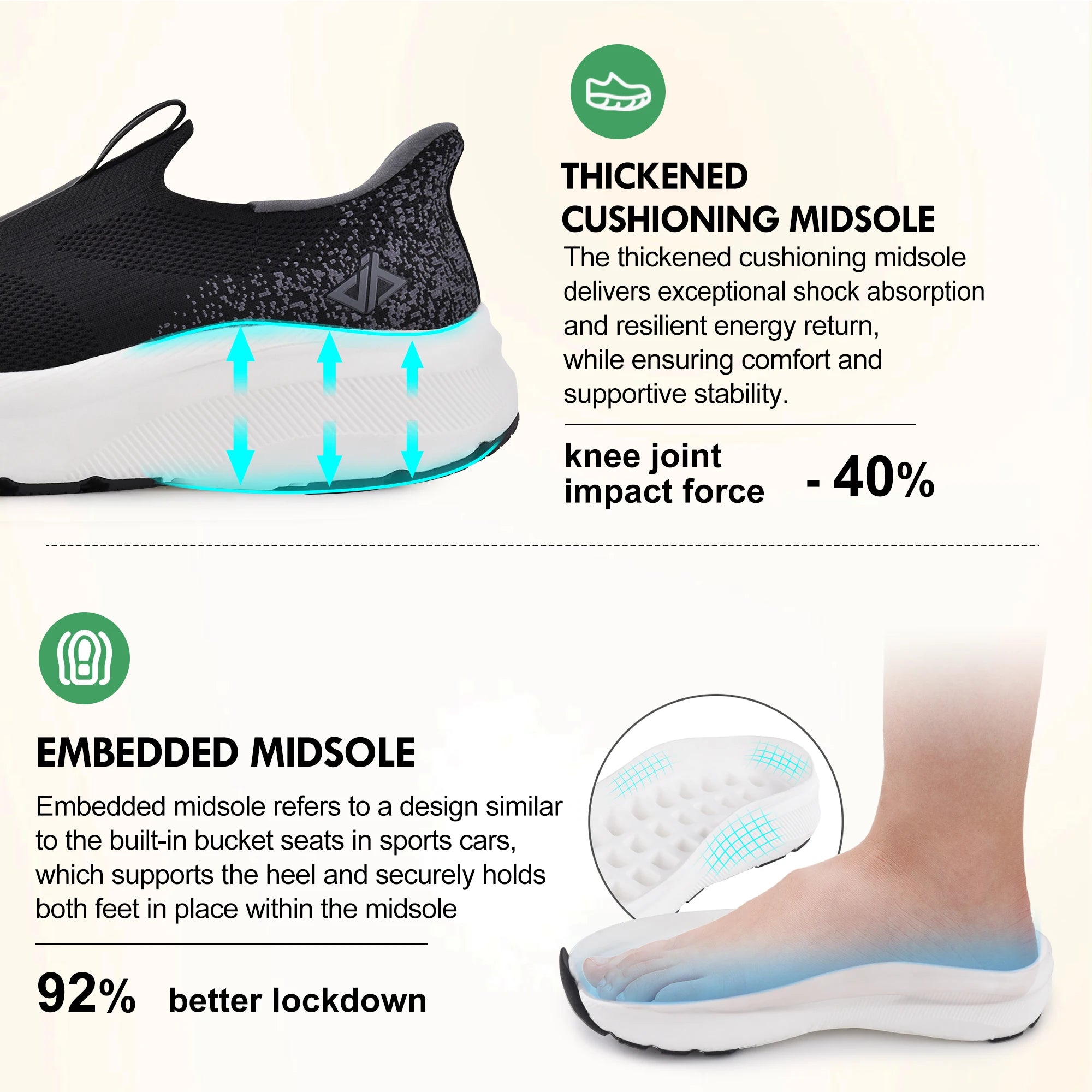 Mens Slip in Free up Hands Shoes Wide Toe Box Arch Support Orthopedic Walking Sneakers Cushioned Thick Zero Drop Sole