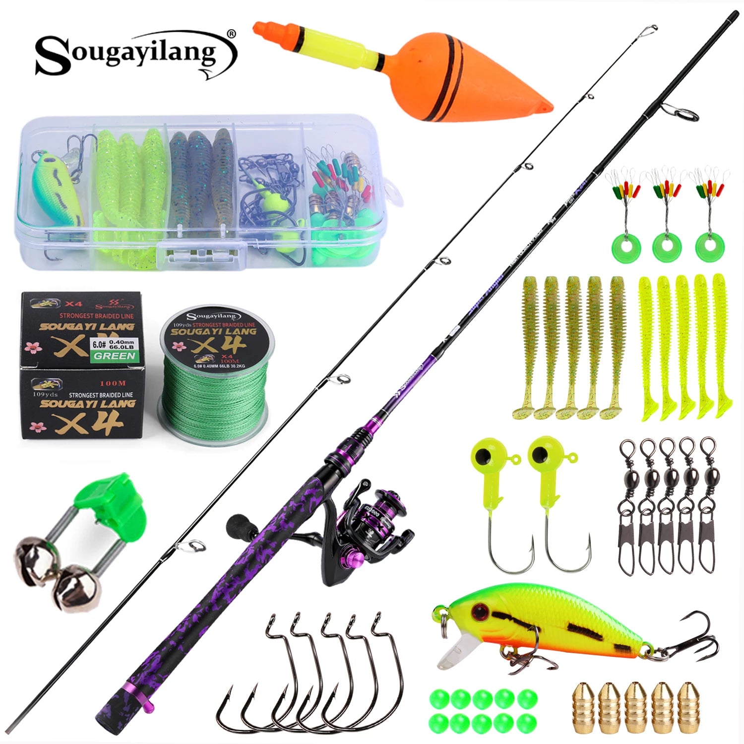 Sougayilang Spinning Fishing Rod and Reel Combo Kit with Line Lure Hooks Complete Fishing Gear Set for Freshwater Bass