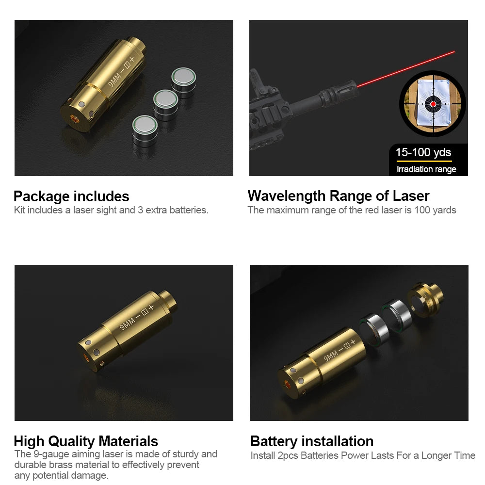 9MM Optics Cartridge Red Dot Laser Bore Brass 9MM Bore Boresighter For Pistol Rifle Scope Hunting Accessories 6 battery