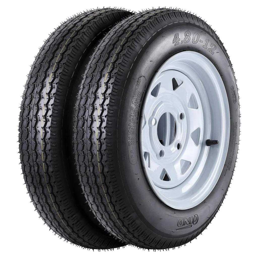 2-Pack 4.80-12 Trailer Tires On Rims Load Range C 6-PLY 12" White Spoke Wheels 4 Lug 4" Bolt Pattern for Camper Boat Trailers