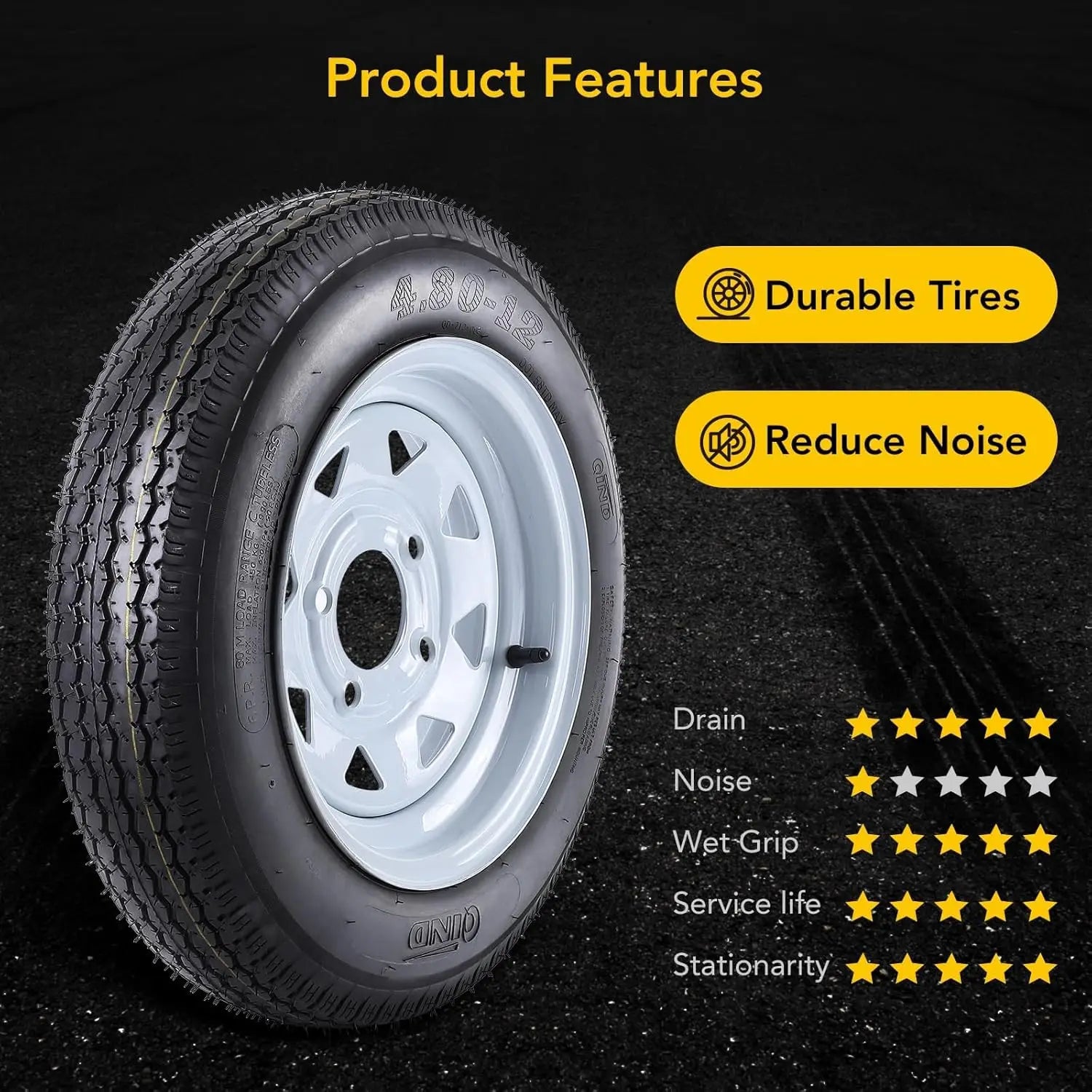 2-Pack 4.80-12 Trailer Tires On Rims Load Range C 6-PLY 12" White Spoke Wheels 4 Lug 4" Bolt Pattern for Camper Boat Trailers