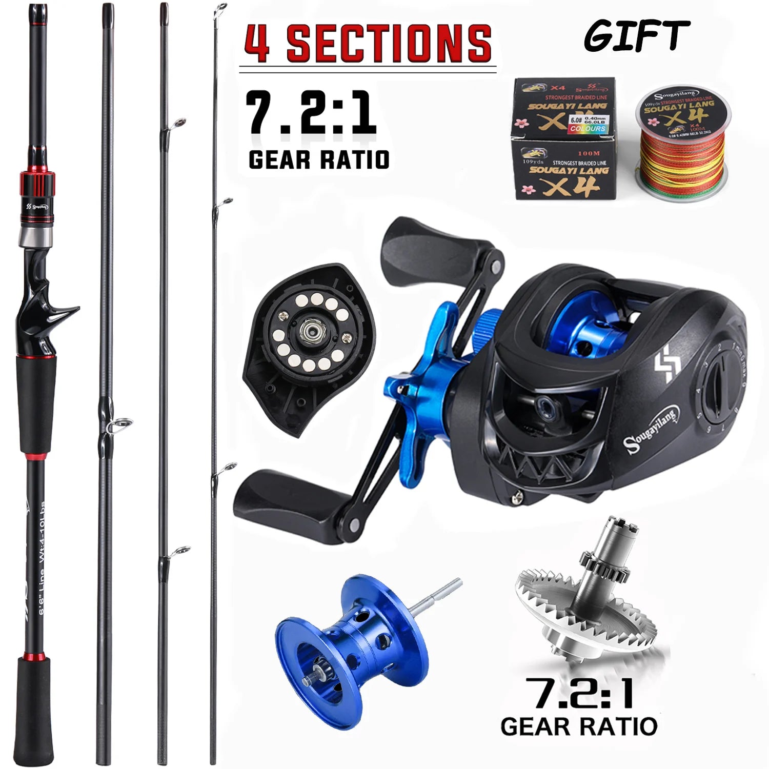 Sougayilang Fishing Rod and Reel Combo Set 1.8~2.1m Carbon Fiber Casting Rod and 7.2:1 Gear Ratio Reel Max Drag 10kg