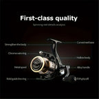 Spinning reels with metal spool and metal rocker arm, 5.2:1 gear ratio, suitable for both freshwater and saltwater fishing.