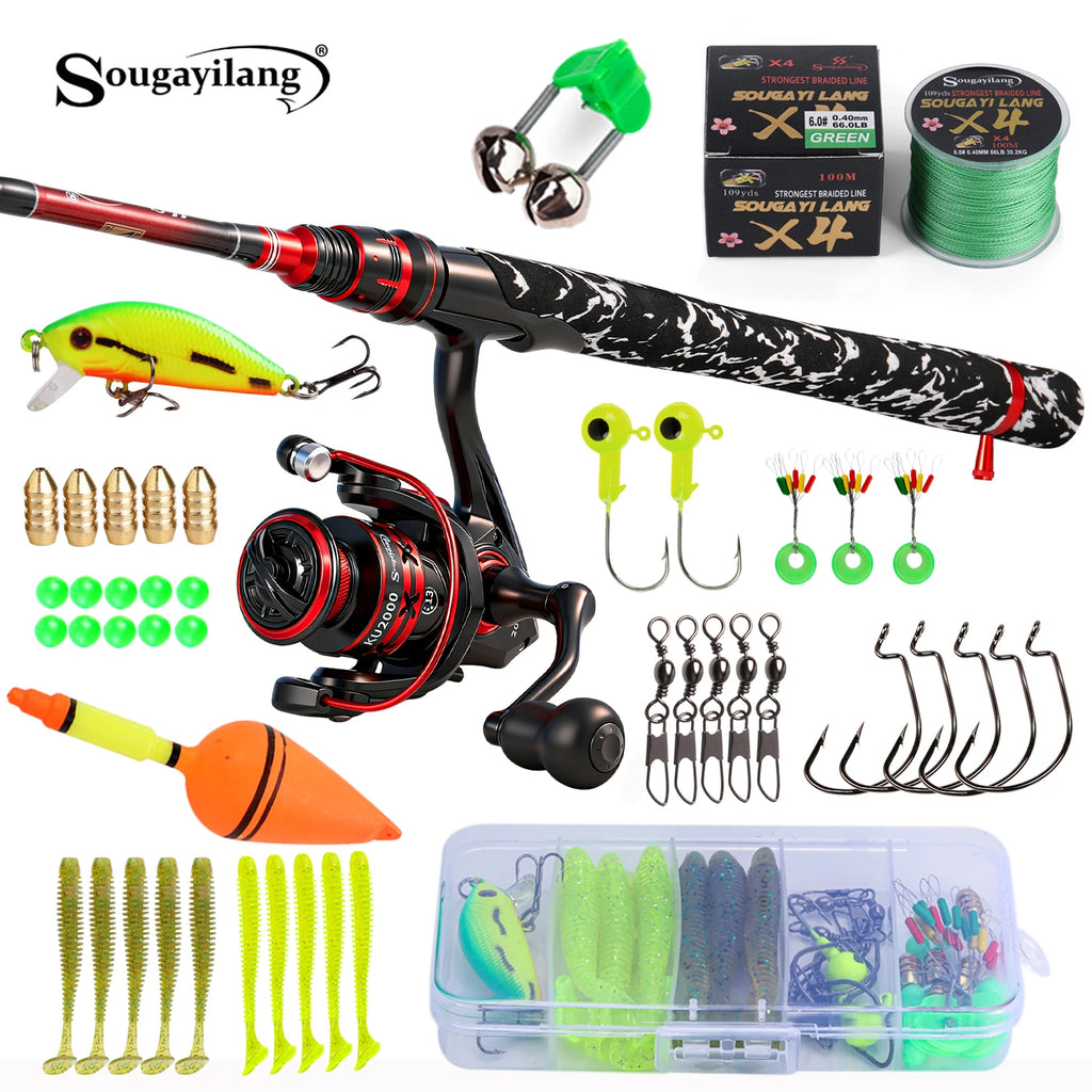 Sougayilang Spinning Fishing Rod and Reel Combo Kit with Line Lure Hooks Complete Fishing Gear Set for Freshwater Bass
