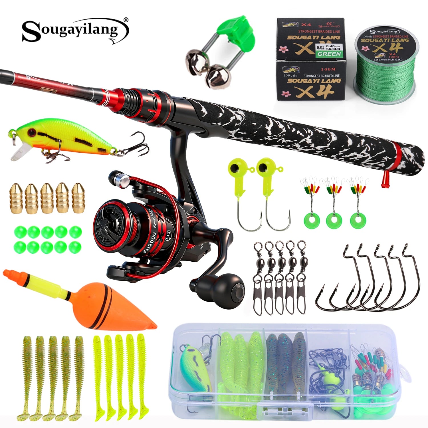 Sougayilang Spinning Fishing Rod and Reel Combo Kit with Line Lure Hooks Complete Fishing Gear Set for Freshwater Bass