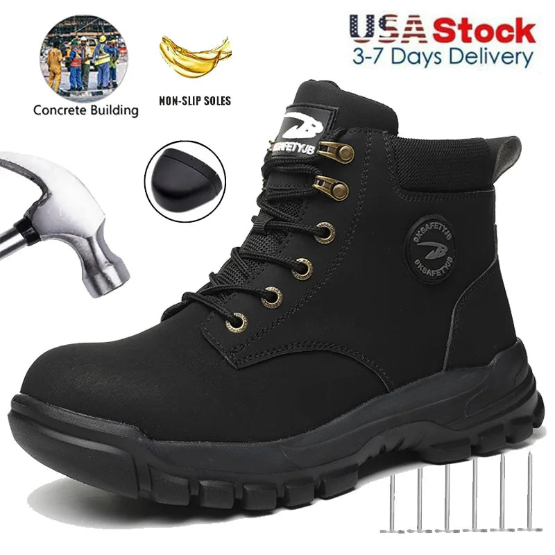 Mens Puncture-Proof Steel Toe Safety Boots Oil & Slip-Resistant Industrial Shoe Outdoor Work Shoes