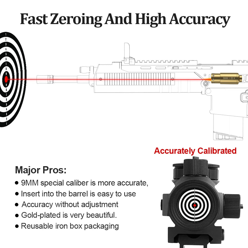 9MM Optics Cartridge Red Dot Laser Bore Brass 9MM Bore Boresighter For Pistol Rifle Scope Hunting Accessories 6 battery