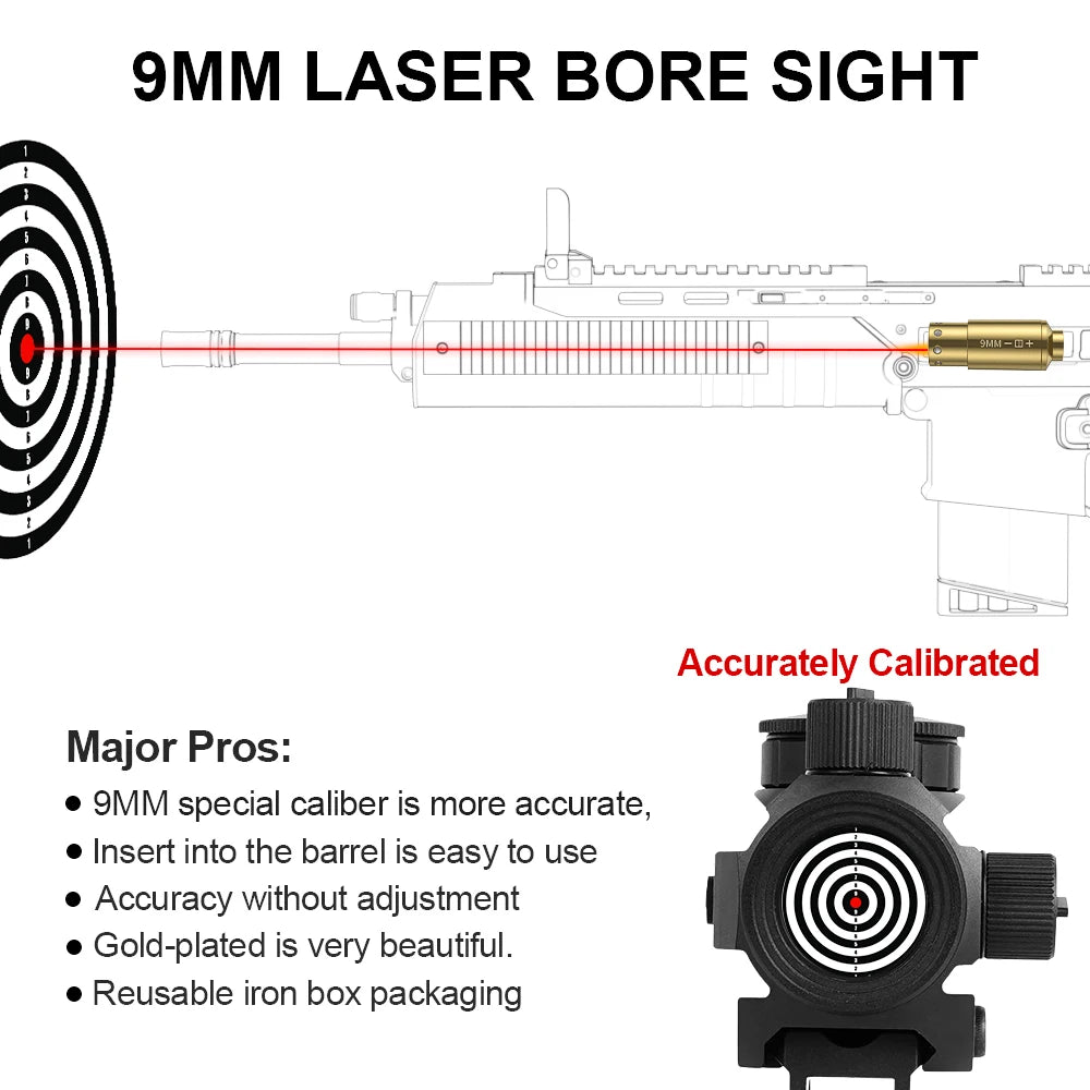 9MM Optics Cartridge Red Dot Laser Bore Brass 9MM Bore Boresighter For Pistol Rifle Scope Hunting Accessories 6 battery